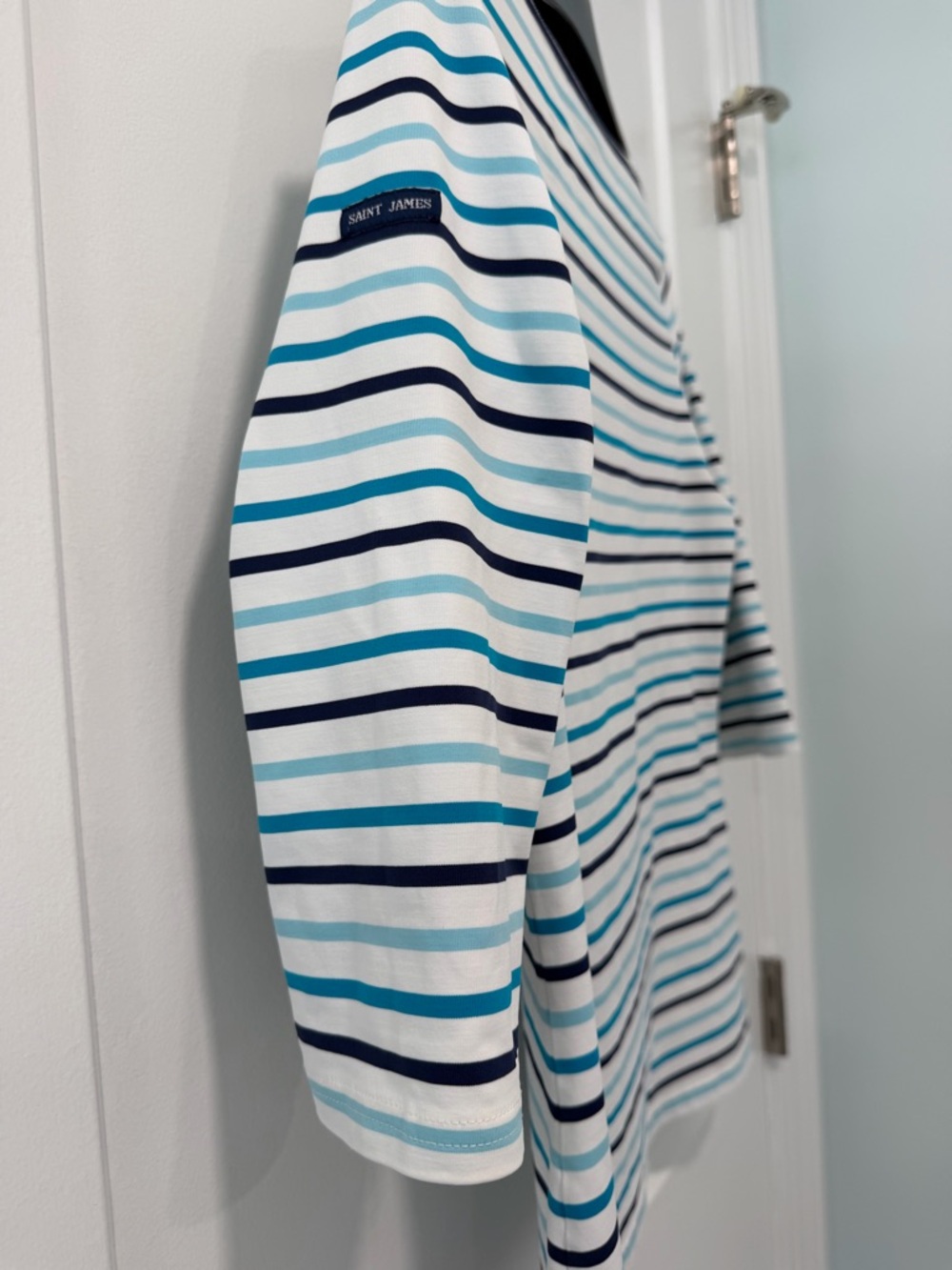SAINT JAMES Breton Stretch White Blue Stripe 3/4 Sleeves UV Nautical Top (Sz 10) - Picture 7 of 12
